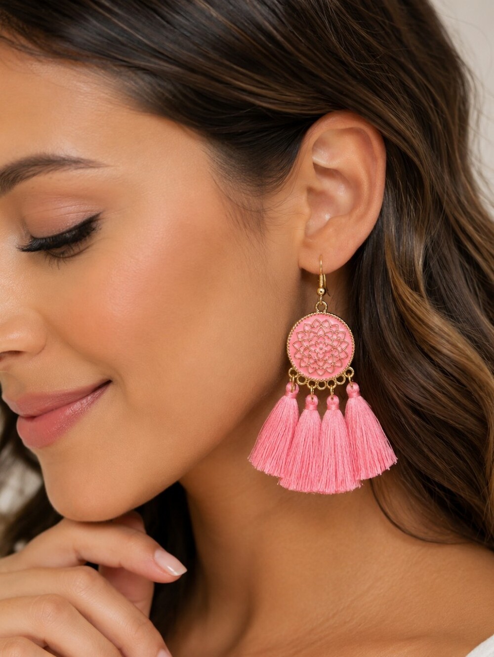 Pink Boho Tassel Earrings Gold Tone Floral Medallion Statement Dangle Earrings